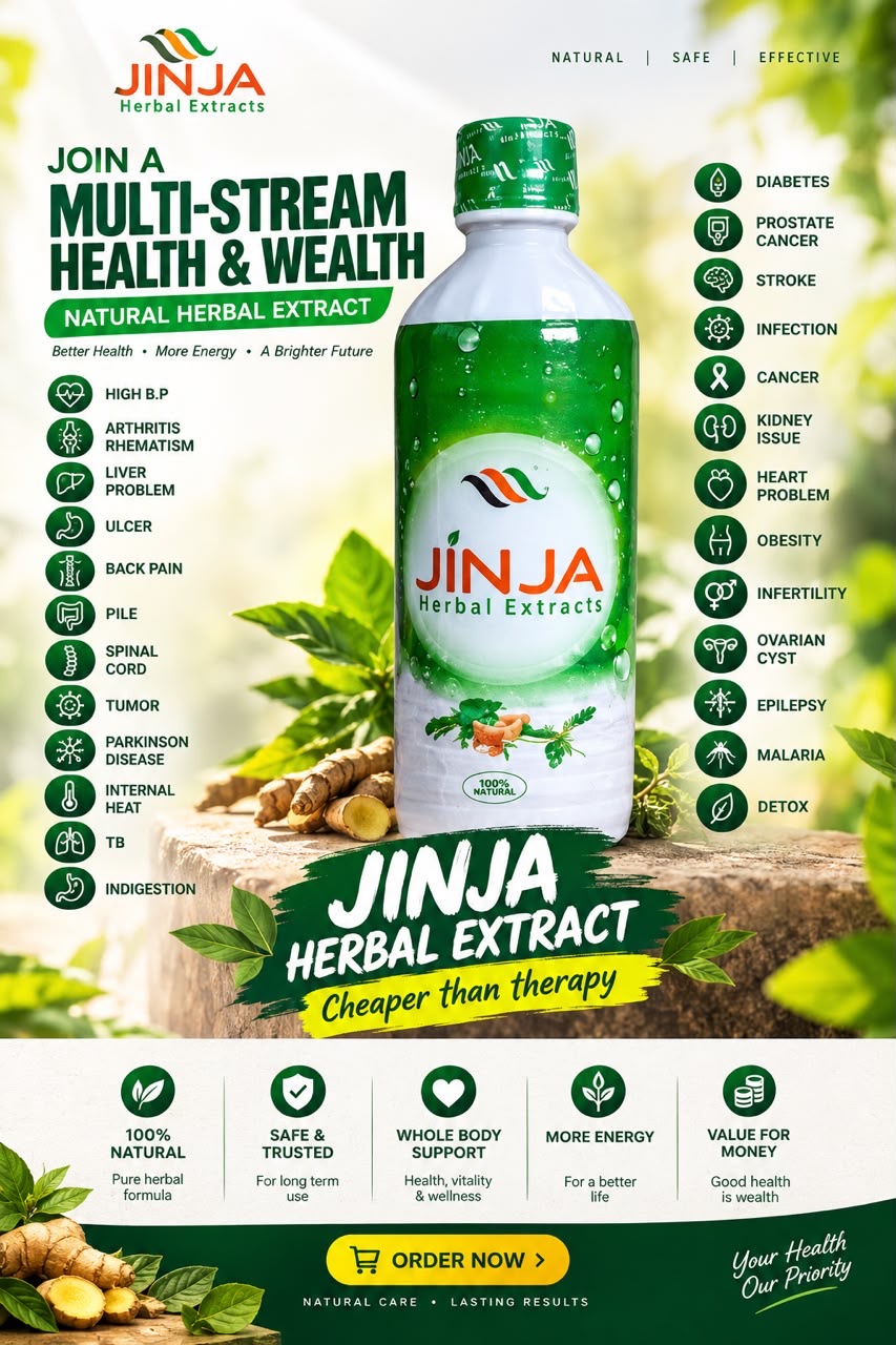 Jinja Herbal Extract bottle surrounded by ginger root and green leaves